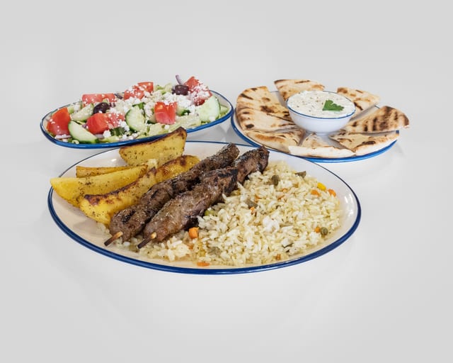 Beef AAA Tenderloin Souvlaki Plate.